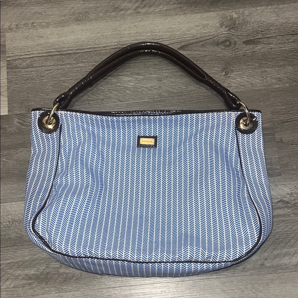 Ame and Lulu Satchel Tote Handbag with Brown Patent Leather Handle